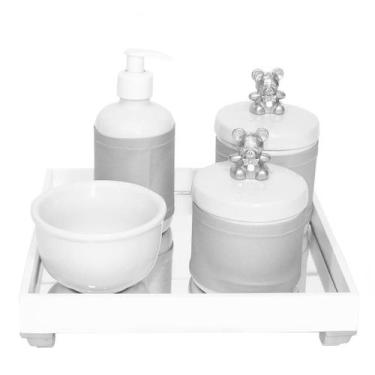 Imagem de Kit Higiene Espelho Potes, Molhadeira, Porta Álcool-Gel e Capa Ursinho