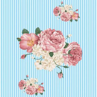 Imagem de Papel De Parede Floral Para Sala Quarto Flores Fundo Listrado Azul - D