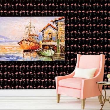Imagem de Papel de Parede Adesivo Animal Flamingos No Fundo Total Preto Lindo De