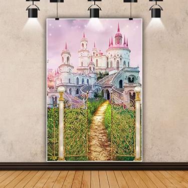 Imagem de DORCEV 1,5 x 2,1 m de fundo de castelo de desenho animado de fantasia para meninas, crianças, festa de aniversário, pintura a óleo, princesa real, castelo de conto de fadas, porta dourada, suprimentos