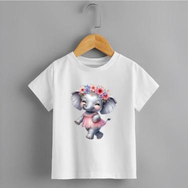 Imagem de Camiseta Infantil Menina Elefante Coroa de Flores Personalizada Delica