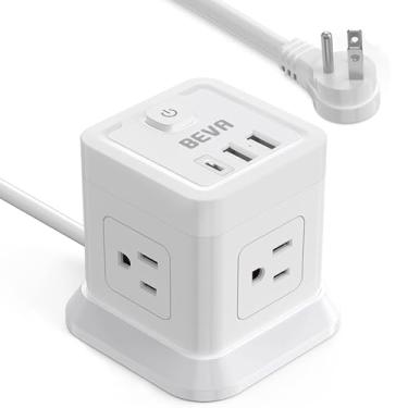 Imagem de Tira de alimentação de plugue plano com 3 portas USB, cabo de extensão BEVA de 1,5 m de comprimento com 4 saídas amplamente espaçadas, estação de carregamento de mesa pequena para escritório, itens essenciais de quarto de viagem de navio de cruzeiro, branco