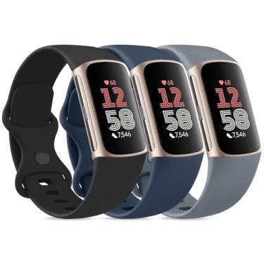 Imagem de Pacote com 3 pulseiras esportivas de substituição para Fitbit Charge 6/Charge 5 de silicone macio à prova d'água e ajustáveis para Fitbit Charge 5/Charge 6 Fitness Tracker (preto + azul marinho + azul