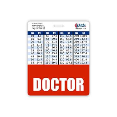Imagem de Doctor Badge Buddy horizontal com tabelas de conversão de altura e peso (tamanho grande, vermelho)