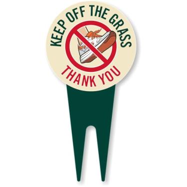 Imagem de SmartSign Placa de estaca Keep Off The Grass Thank You Yard com símbolo Do Not Step, 15 x 30 cm, placa composta de alumínio de 120 mil com sobretudo para fora, placa redonda com estacas de solo