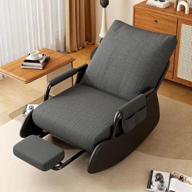 Imagem de Cadeira de balanço de amamentação com função de dormir, poltrona para sala de estar com almofada dobrável para os pés, base de madeira e bolso lateral - Cadeira de balanço confortável para quarto,