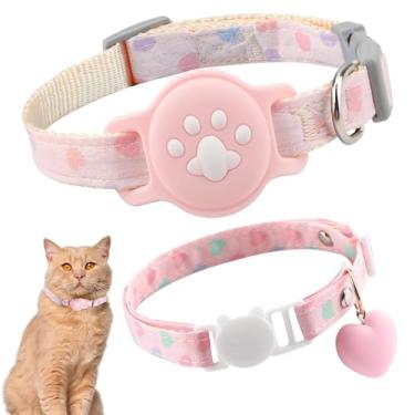 Imagem de 2 coleiras para gatos AirTag, coleira luminosa rosa para gatos e coração de liberação rápida, coleira leve ajustável, suporte de rastreador GPS oculto para gatos, gatinhos (24-39,9 cm)