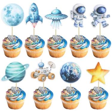 Imagem de Gyufise 36Pcs Space Astronaut Cupcake Toppers Planet Rocket Telescope Trip to the Moon Cupcake Picks for Outer Space Baby Shower Gender Reveal Birthday Party Cake Decorations Blue