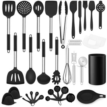 Imagem de Conjunto de utensílios de cozinha LIANYU com 43 peças, conjunto de espátulas de silicone com suporte, utensílios de cozinha resistentes ao calor para conjunto de panelas antiaderentes, cabo de aço inoxidável, preto