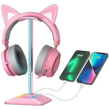 Imagem de New bee Suporte de fone de ouvido RGB com 1 porta de carregamento USB-C e 1 porta de carregamento USB, suporte de fone de ouvido para jogos de mesa com 7 modos de luz e base de borracha