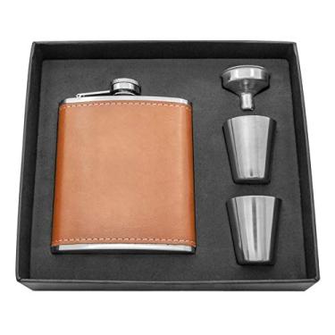 Imagem de Conjunto de cantil masculino, frasco de aço inoxidável, cantil de couro marrom de 200 ml, conjunto de garrafa de presente preta