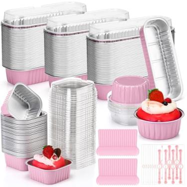 Imagem de Baderke 150 peças de mini formas de pão com tampas, ramequins descartáveis, 200 ml, 142 g, 141,7 g, copos para assar bolo, retangulares, quadrados, adesivos e colheres de selagem de cupcake para pudim