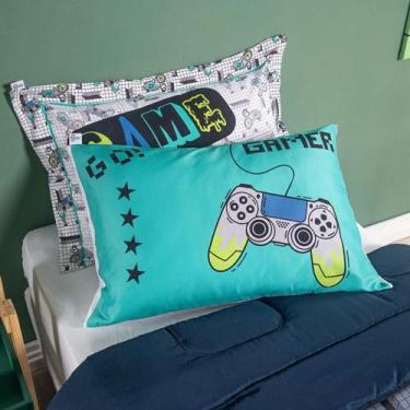 Imagem de Edredom Solteiro Infantil Antialérgico com Lençol Algodão (Gamer - Lençol Azul)