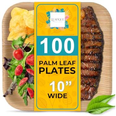 Imagem de Prato quadrado de folha de palmeira 100% natural de 25,4 cm (pacote com 100), utensílios de jantar compostáveis e biodegradáveis para bufê, aniversários, Halloween, churrascos, Ação de Graças,
