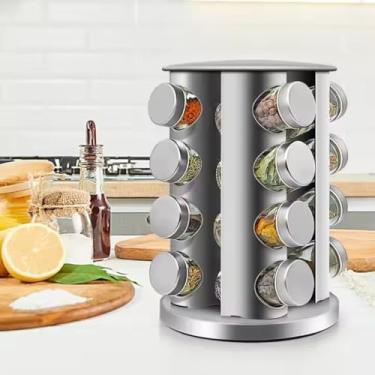 Imagem de Porta Temperos 16 Potes Condimentos Especiarias em Inox e Vidro com Suporte Giratório Modelos 12, 16 e 20 Potes Organização e Praticidade na Cozinha