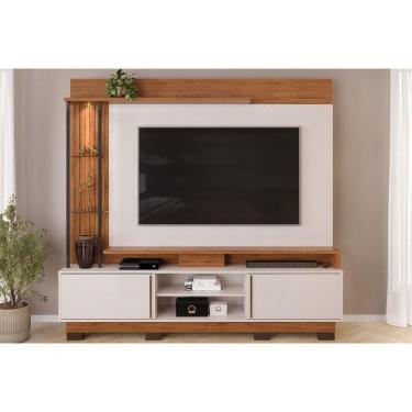 Imagem de Rack Bancada C/ Painel P/ Tv Até 70 Polegadas Martino Prateleira Nichos E Pés 200x190cm Freijó/off White - Dj Móveis
