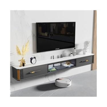 Imagem de Armário de TV Unidade de TV flutuante sob a TV com grande espaço de armazenamento, console de mídia flutuante de luxo moderno com porta de vidro dobrável e mesa de pedra, 4 cores Armário de mídia(Dark