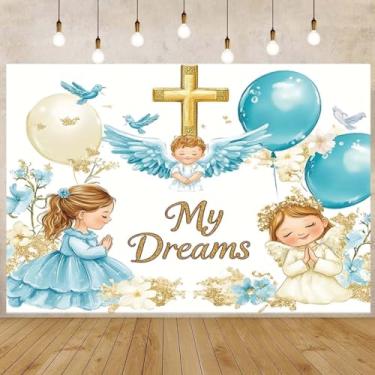 Imagem de First Holy Communion Decorações de batizado flor azul lindo anjo God Bless fundo vinil Mi Primera Comunion Banner foto adereços decoração chá de bebê adereços (2,1 x 1,5 m)