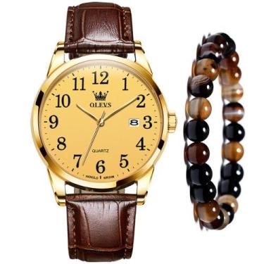 Imagem de Relógio Gold Casual Masculino + Pulseira Bolinha Olho Tigre - OLEVS