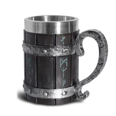 Imagem de LAUGOKOBE Caneca de runa viking nórdica, caneca de cerveja de aço inoxidável, caneca de café inovadora, caneca de cerveja de mitologia nórdica, caneca de cerveja gótica legal poética para decoração de