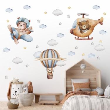 Imagem de Adesivo de parede Infantil Ursinhos Bebê Aviadores com estrelas e Nuve