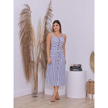 Imagem de Vestido Feminino Midi Listrado em Sarja com Botões Frontais Bolsos e F
