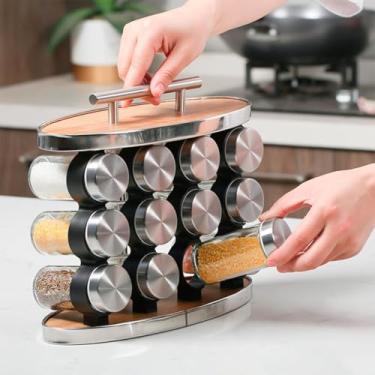 Imagem de Porta Tempero Madeira E Inox Com 12 Potes Para Armazenamento