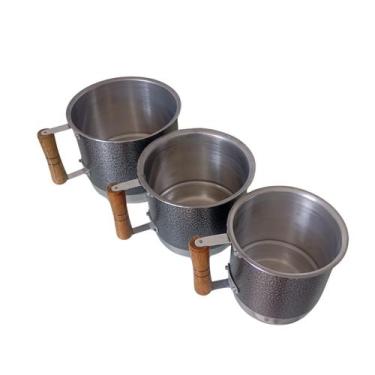 Imagem de Jogo De Caneca Canecão Com 3 Peças Aluminio Preto Craqueado Alça Madei