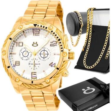 Imagem de Relógio Masculino Dourado + Cordão Grumet + Caixa Pulseira - Orizom