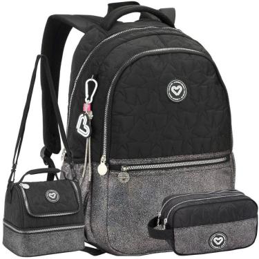 Imagem de Kit Mochila Costas Feminina Color Up Lancheira Estojo Preto