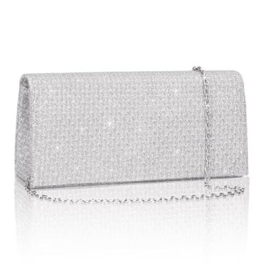 Imagem de Toptime Bolsa feminina de noite, bolsa de mão formal prateada com corrente transversal, bolsa com glitter para casamento, Prata, Medium