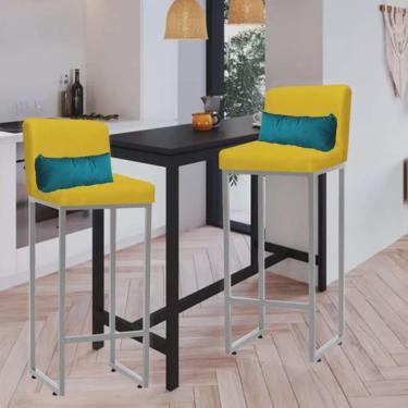 Imagem de Kit 02 Banqueta Alta com Encosto Lucca Industrial Cozinha Balcão Ferro Prata Suede Amarelo e Almofada Azul Turquesa - Ahz Móveis