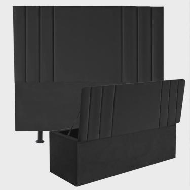 Imagem de Kit Cabeceira Estofada e Calçadeira Baú Recamier Grécia 195cm King Size Corino Preto - Ahz Móveis