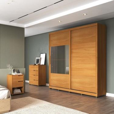 Imagem de Quarto Casal com Guarda-Roupa 2 Portas de Correr, Cômoda e 2 Mesas de Cabeceira Malthus Marrom