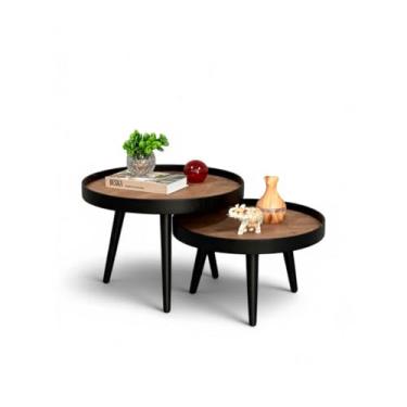Imagem de Conjunto Mesa de Centro Redonda Barcelona com Pés Palito em Madeira Maciça Preta, Tampo com Bordas de 50mm (Preta Com Tampos Madeirado)