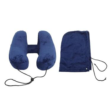Imagem de Travesseiro de Viagem Inflável Com Capuz Destacável, Bolsa de Preenchimento e Armazenamento Rápido, Suporte Ideal No Pescoço para Avião e Muito Mais (Azul-marinho)