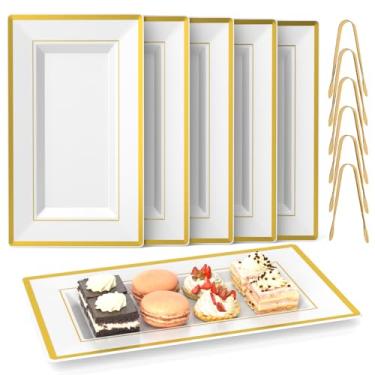 Imagem de 6 conjuntos de bandejas de plástico com pinças de servir, travessas de plástico descartáveis de borda branca e dourada para alimentos, frutas, sobremesas, chás e casamentos