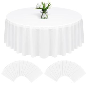 Imagem de FXKS Pacote com 24 toalhas de mesa redondas brancas, toalhas de mesa de plástico branco de 300 cm, capa de mesa decorativa, toalha de mesa redonda descartável para banquete de casamento, festa de