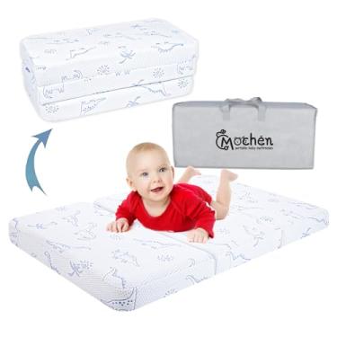 Imagem de Mochen Colchão com três dobras, colchão de espuma viscoelástica de dupla face, 96 x 66 cm, para cercadinho de bebê, colchão portátil com capa removível de dinossauros e bolsa de viagem