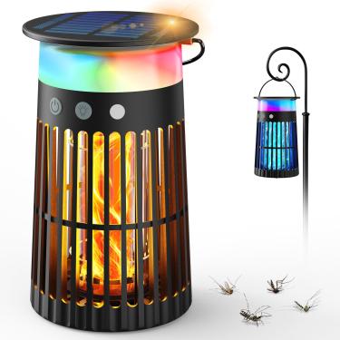 Imagem de Zapper solar de insetos ao ar livre, à prova d'água, exterminador de mosquitos com RGB e luz de chama, exterminador elétrico de mosquitos 4200V, armadilha para moscas alimentada por bateria de 4000