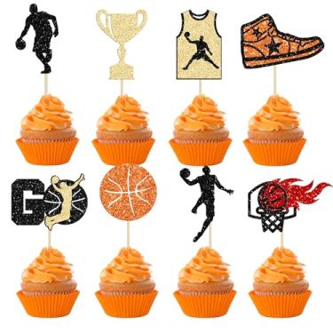 Imagem de Pacote com 24 topos de cupcake de basquete, roupas de jogador de basquete, palhetas de cupcake, jogadores de chá de bebê, tema esportivo, decoração de bolo de aniversário, suprimentos