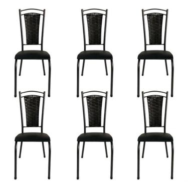 Imagem de Kit 6 Cadeira De Cozinha Tubular Aço Estofada Encosto Junco Preto