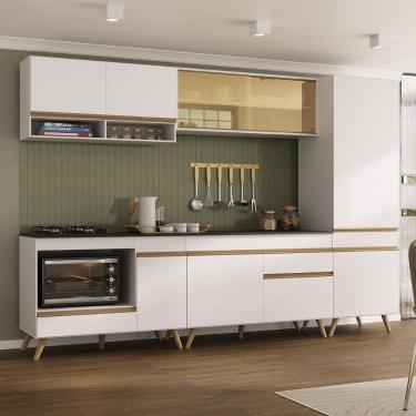 Imagem de Cozinha Modulada Completa Compacta 287cm Com Balcão Para Cooktop Veneza Multimóveis Mp2267 Branco Dourado