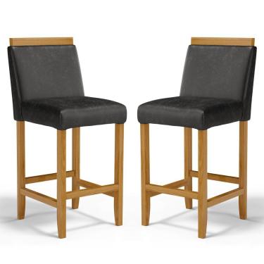 Imagem de Kit Com 2 Banquetas Eloá Madeira Maciça Assento Estofado Para Bancada Courino Preto 503