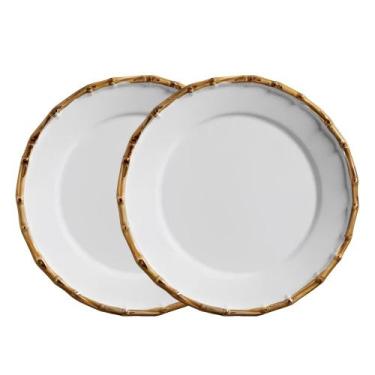 Imagem de Jogo 2 Prato Raso de Cerâmica Branco Borda de Bambu Grossa 27cm Flat S