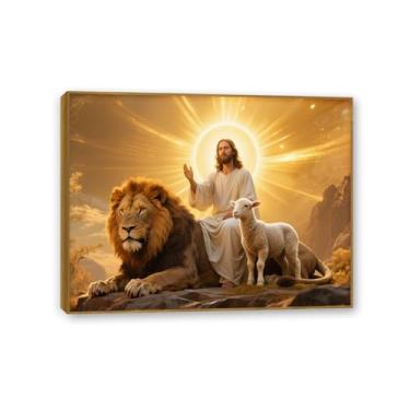 Imagem de SDYJ6GSW Decoração de parede Jesus e leão de cordeiro Leão de Judá pintura com salvador arte de parede cristã inspiradora para escritório igreja decoração de casa 40 x 30 cm (16 x 12 pol) moldura teca