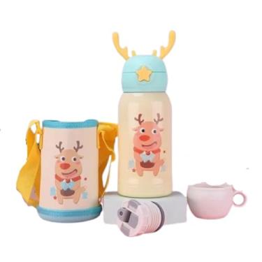 Imagem de Garrafa térmica infantil com 2 tampas, canudo silicone e copo, com bolsa para transporte, 500 ml, unicornio, urso, alce, dinossauro, coelho - TYDA (ALCE)