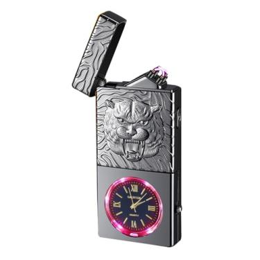 Imagem de Isqueiro elétrico recarregável por USB, isqueiros de arco duplo de plasma à prova de vento, sem chama, com indicação de bateria LED para velas, bastão de incenso, acampamento ao ar livre (preto, tigre