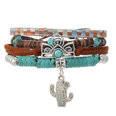 Imagem de WCRAZYE Pulseiras femininas Western Cowgirl feitas à mão turquesa cabeça de boi botas de vaca com contas empilháveis pulseiras elásticas joias boêmias presentes, Medium, Vidro Vidro Turquesa Cordão