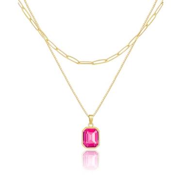 Imagem de Lourny Colar de cristal em camadas de ouro para mulheres, gargantilha banhada a ouro 18 K, verde esmeralda, corrente delicada, joia moderna para presentes femininos, One Size, Latão, Sem Pedra